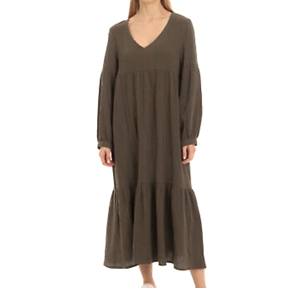 Olive green 100% cotton crinkle gauze muslin double cloth maxi dress